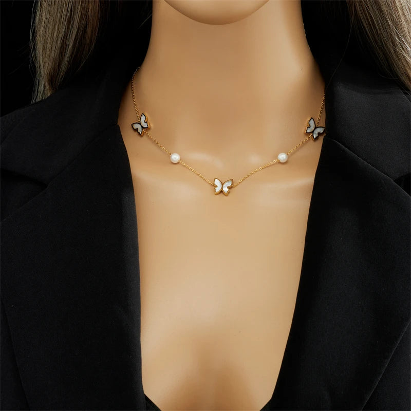 Collier et Boucles d'Oreilles avec Pendentif Papillon en Acier Inoxydable