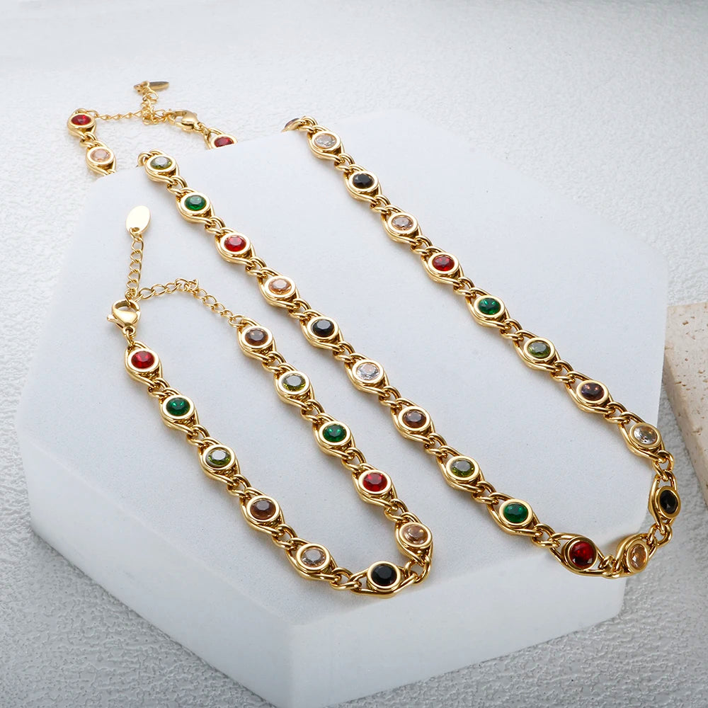 Ensemble de bijoux colorés  avec bracelet et collier en acier inoxydable  pour femme,