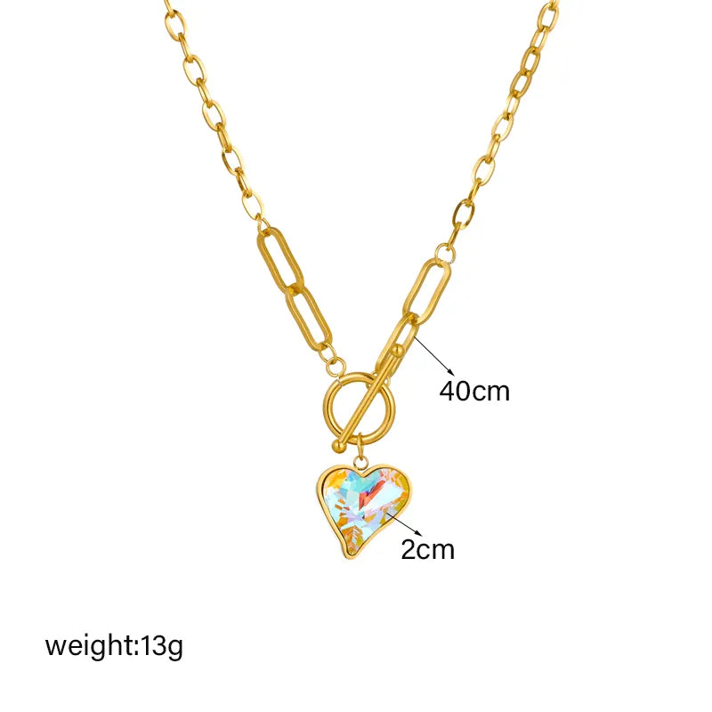 Collier en acier inoxydable avec cœur géométrique et cristaux colorés pour femme