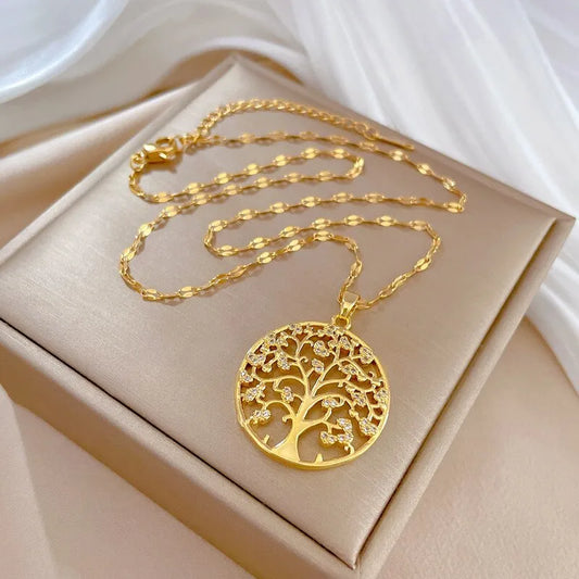 Collier Pendentif Arbre de Vie avec Strass pour Femme, Acier Inoxydable